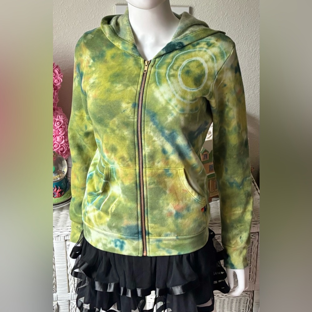 Aviator Nation Junior Kids Zipper Hoodie Tie Dye in Lime Yellow Unisex Size 14